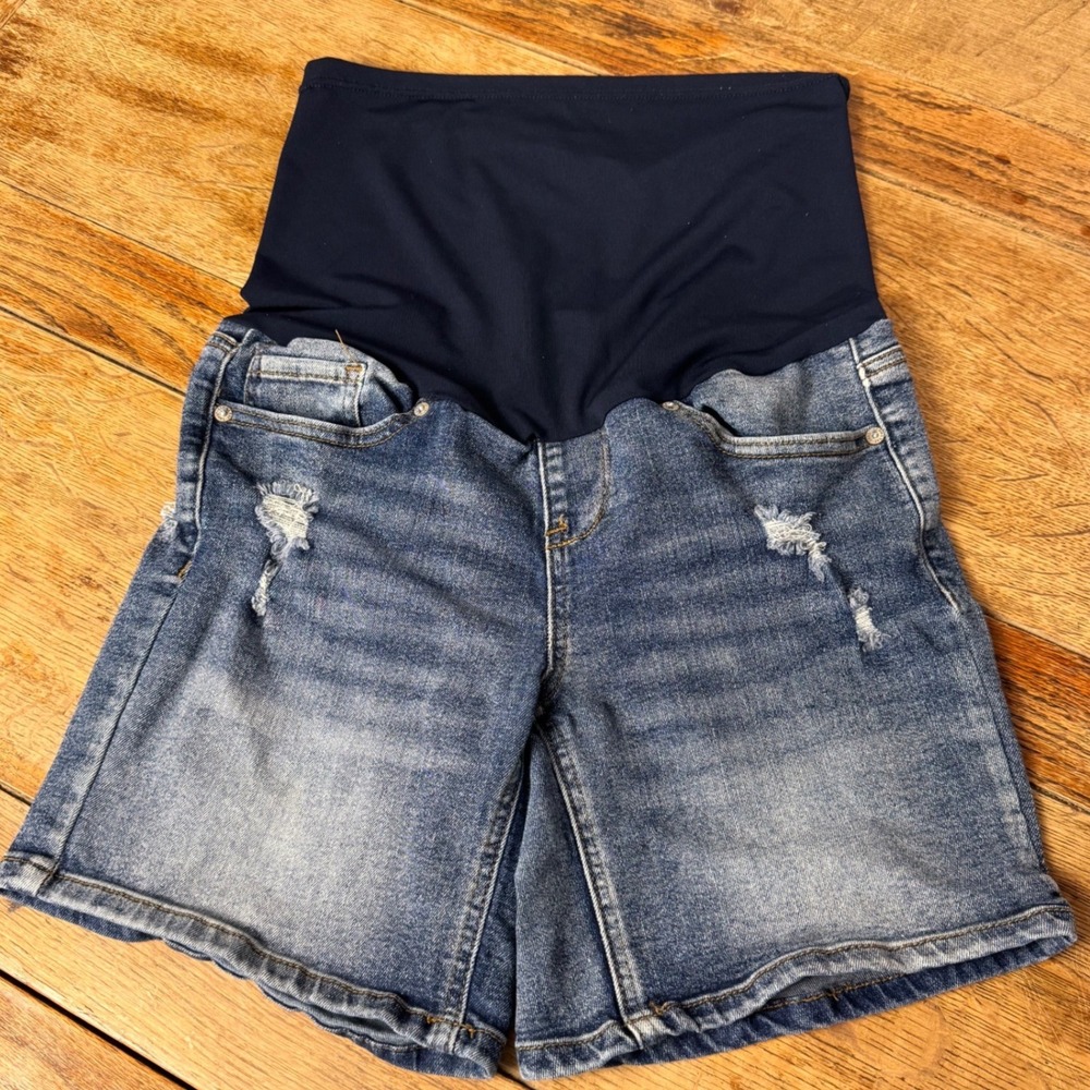Gemma Rae Denim Shorts Women S Blue Maternity Distressed Over Belly Stretch